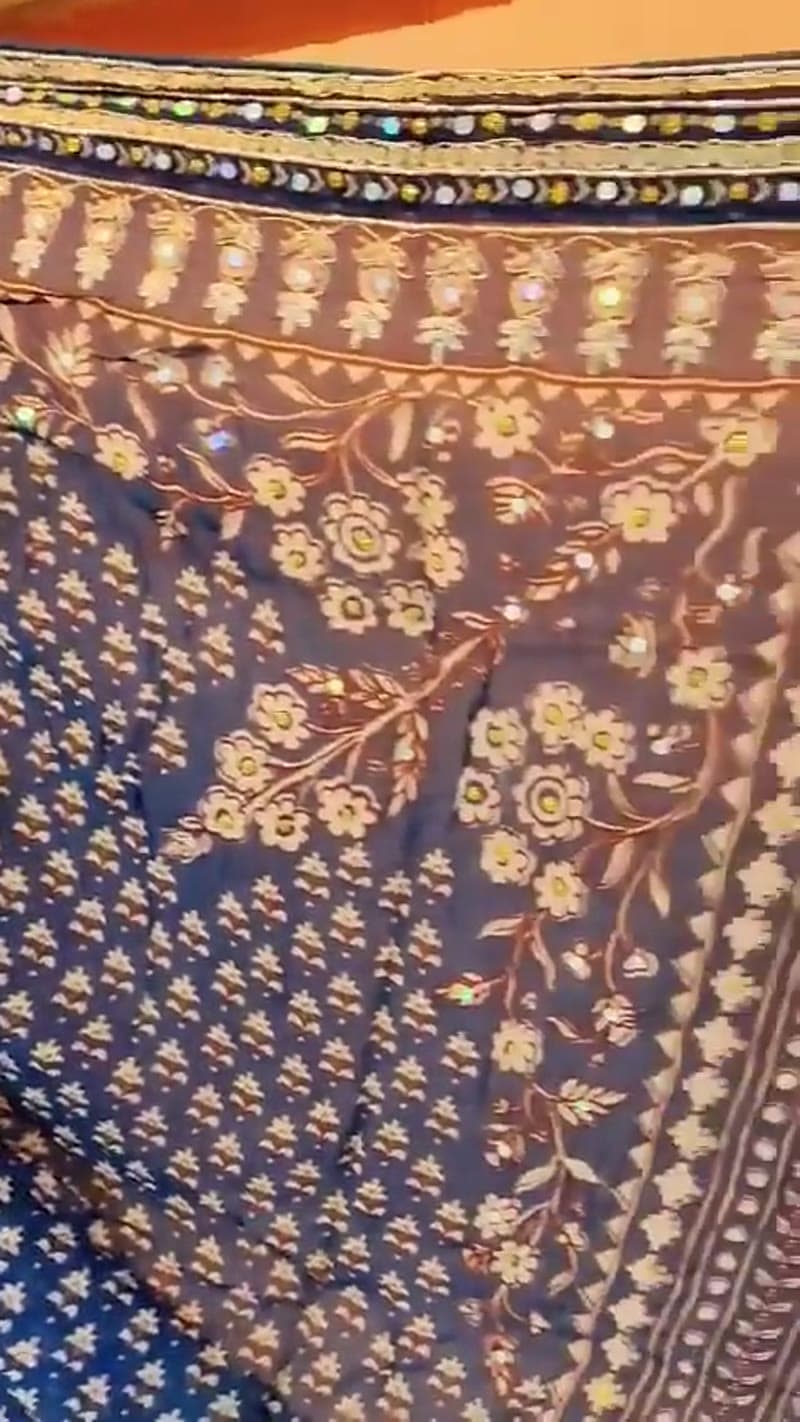 The indigo saree drape shown in motion