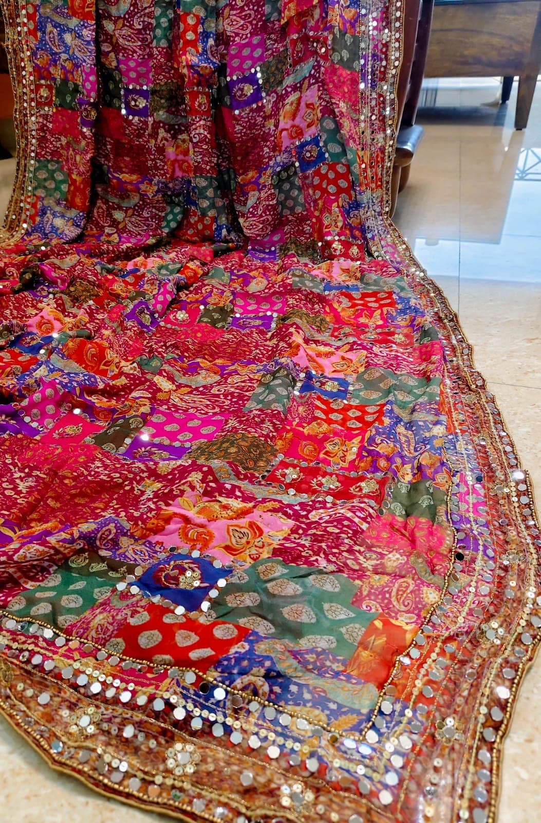 Flat-lay of the patchwork saree