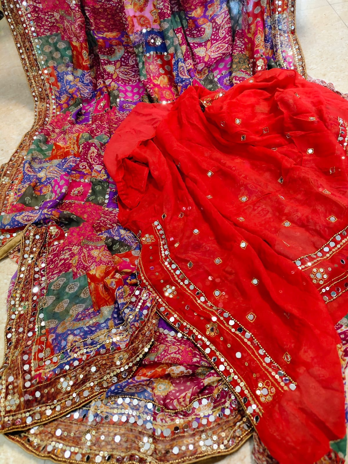 Rangrez mosaic mirrorwork georgette saree, multicolour patchwork with a red pallu